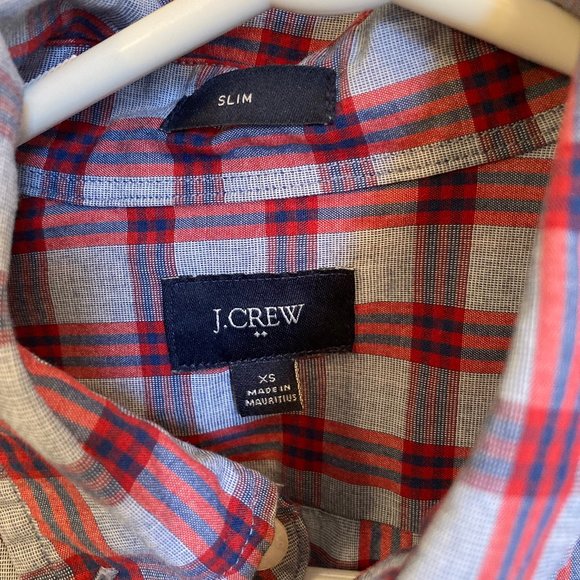 J. Crew Men's Shirt XS Button Down Slim Fit Grey Red Blue Plaid Cotton - Picture 2 of 6